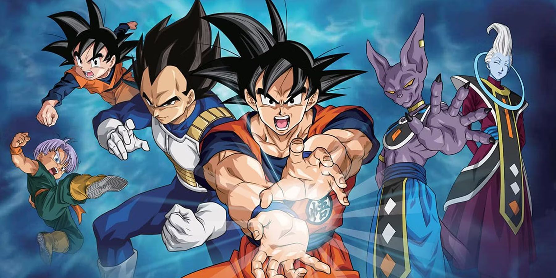 Uma imagem promocional de Dragon Ball Super apresentando Goku, Vegeta, Beerus e outros personagens contra um fundo azul.