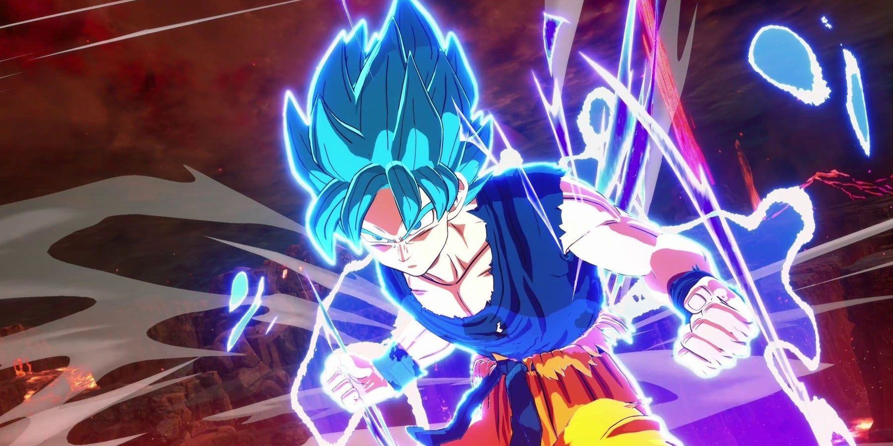 A screenshot of Goku charging his Super Saiyan Blue form in Dragon Ball: Sparking Zero.