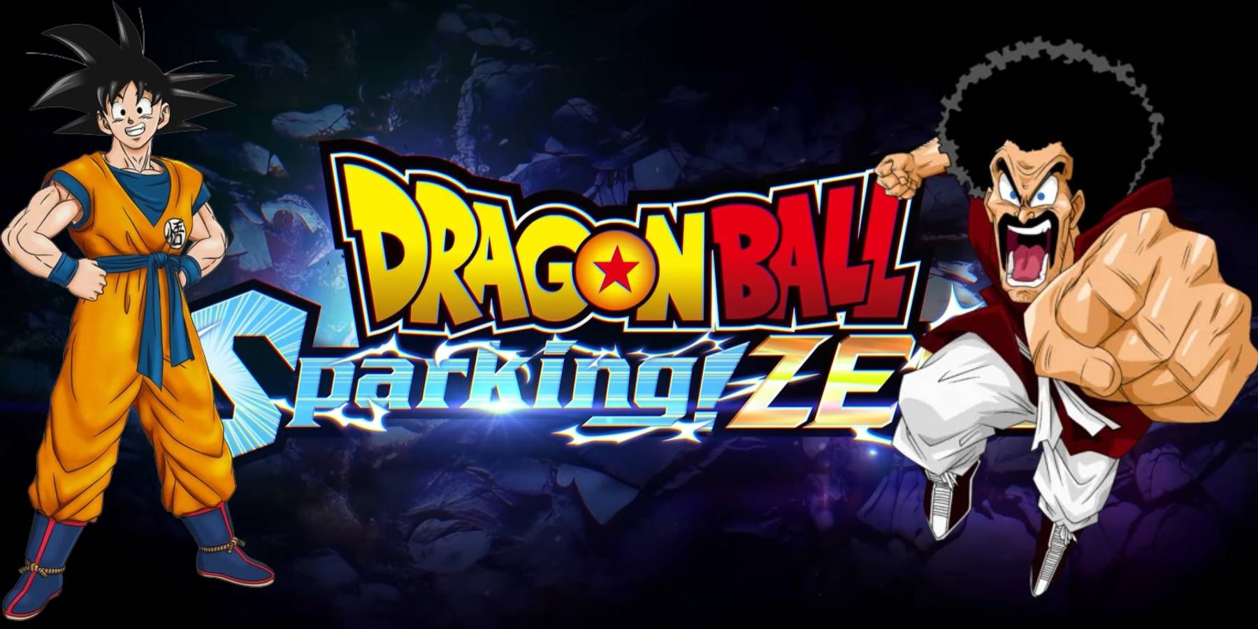 Goku and Mr. Satan on either side of the logo for Dragon Ball Sparking! ZERO