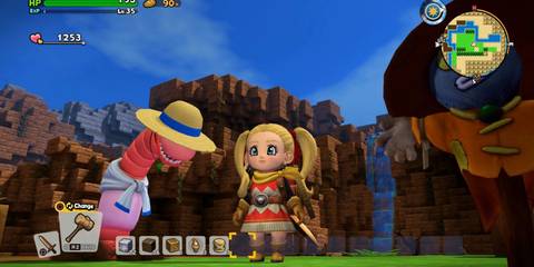 A blonde child from Dragon Quest Builders 2 in armour standing next to a giant worm with a hat on