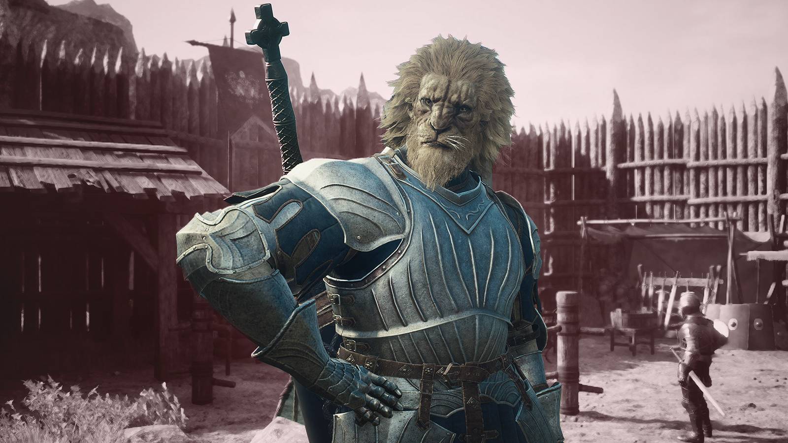 Dragon's Dogma 2 Beastren Warrior hand on hip pose dark red background filter edit