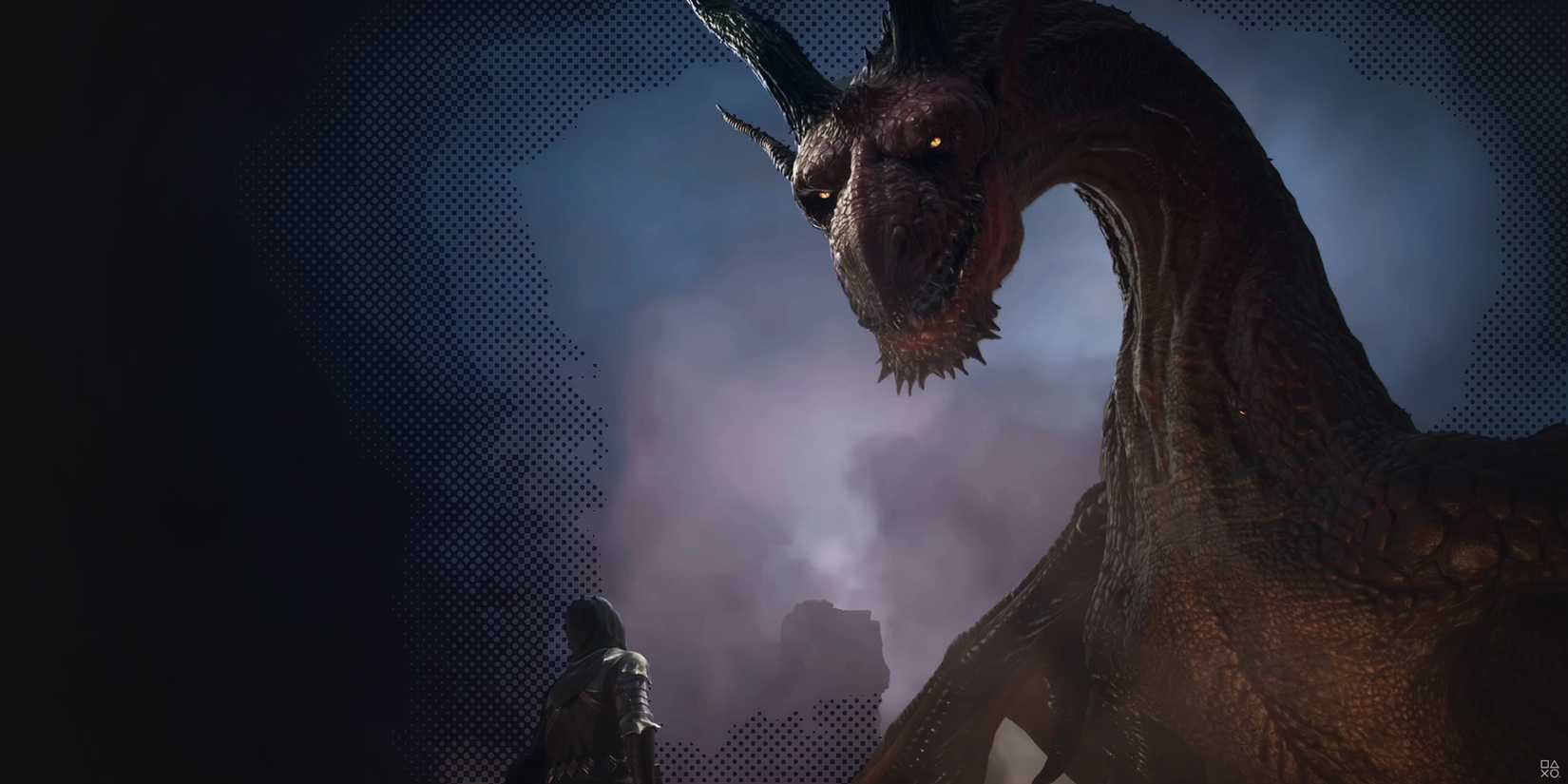 Dragon's Dogma 2 giant dragon looking at Arisen trailer still blue dot halftone background edit