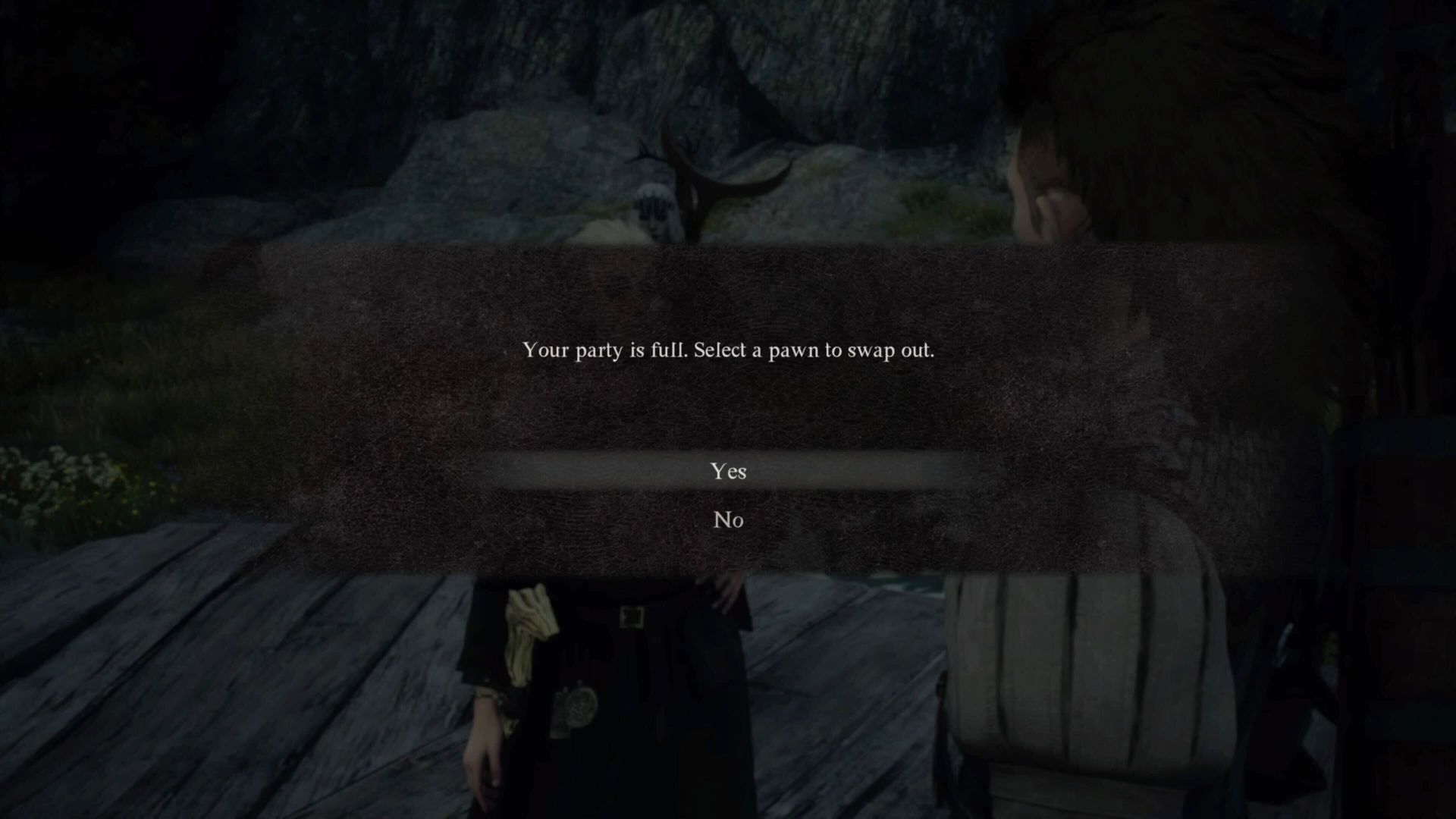 A notice in Dragon's Dogma 2 telling the player that their party is full