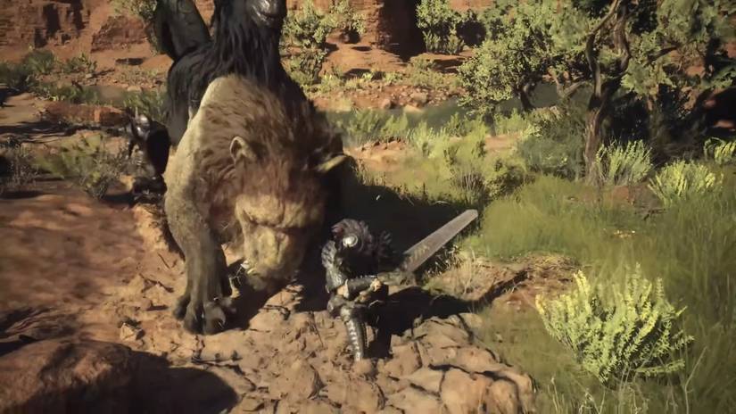 Warrior fighting a chimera in Dragon's Dogma 2