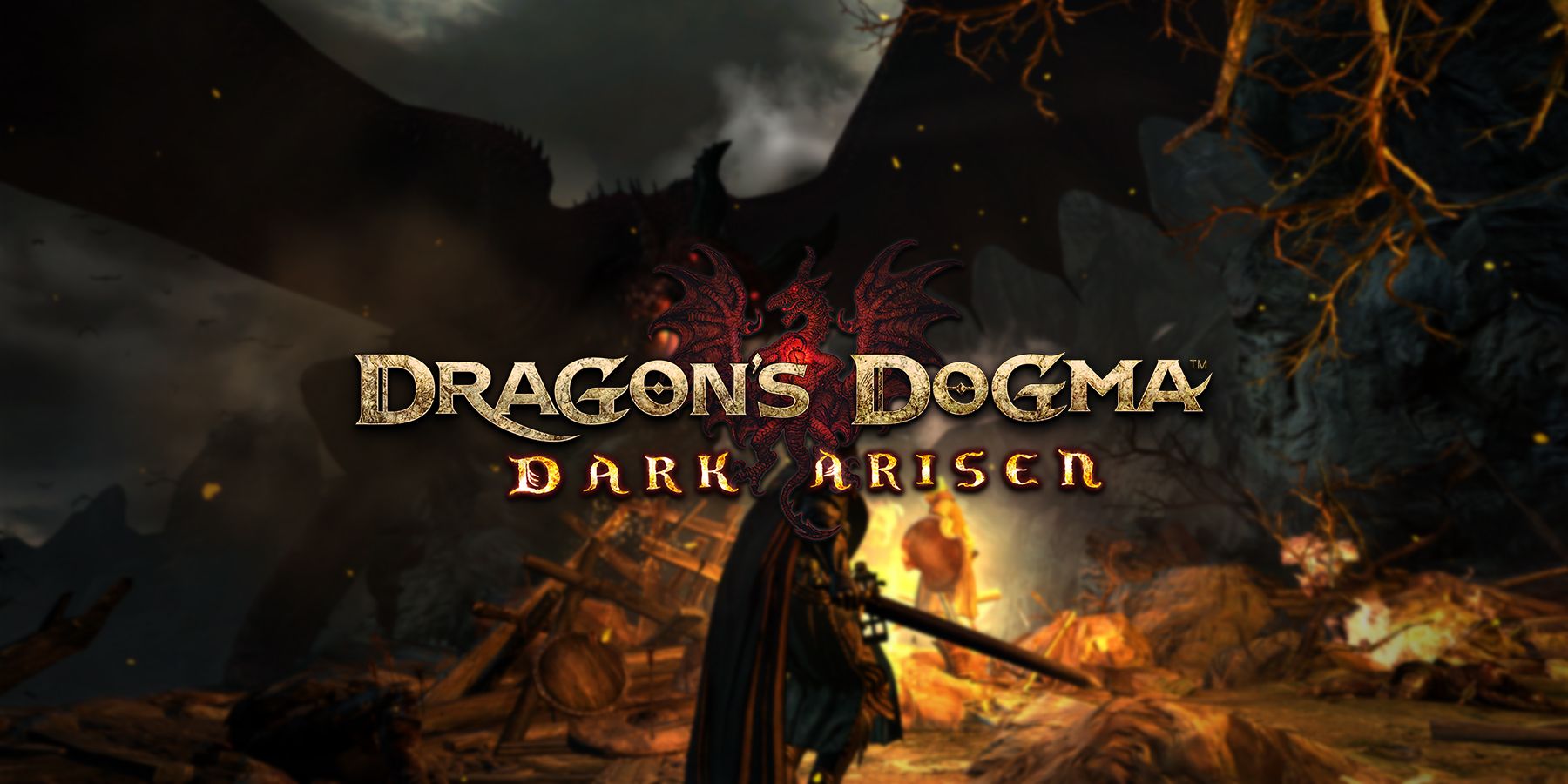 Dragon's Dogma Dark Arisen logo with player fighting dragon