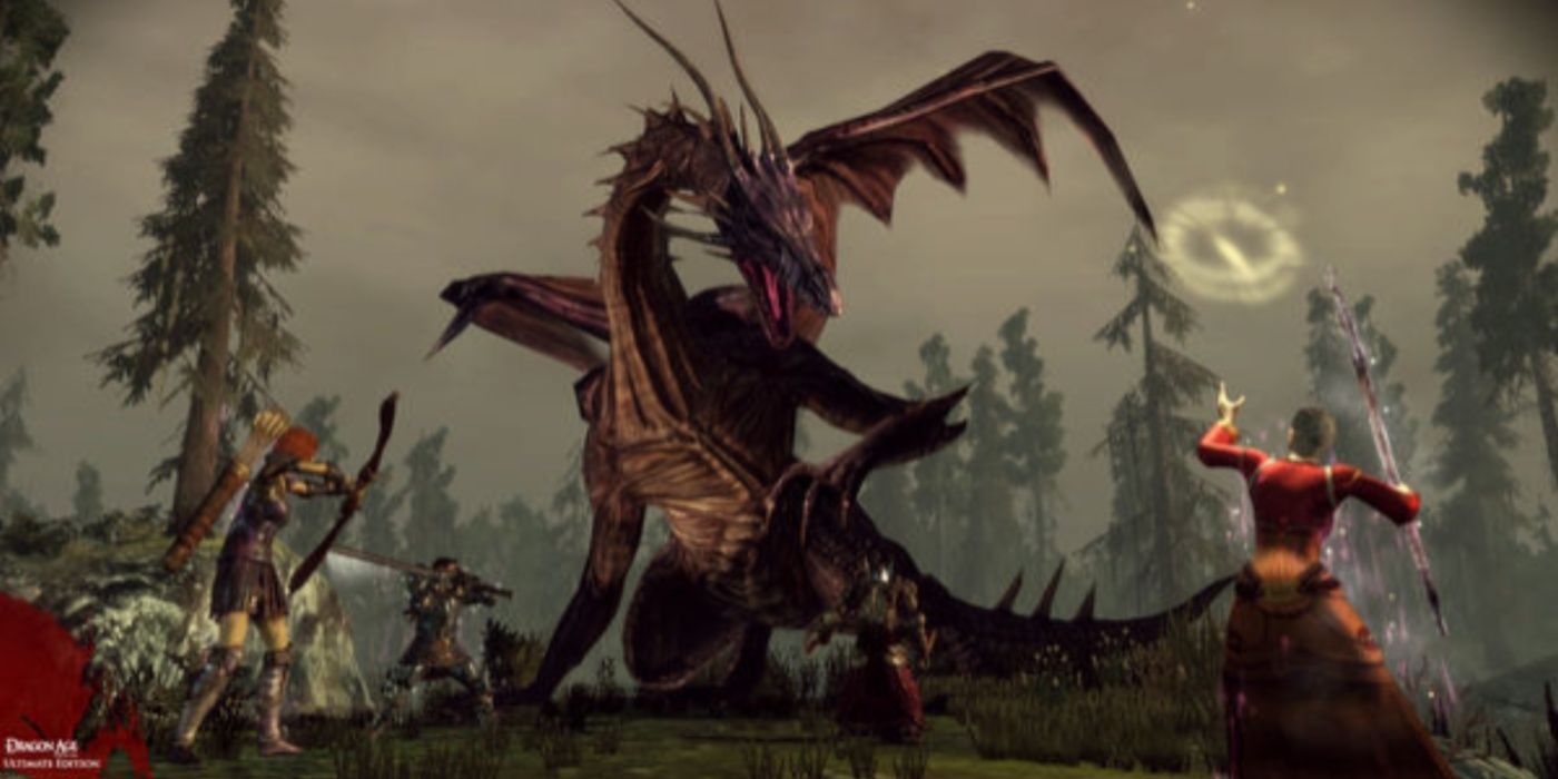 Characters fighting a large dragon from Dragon Age: Origins.