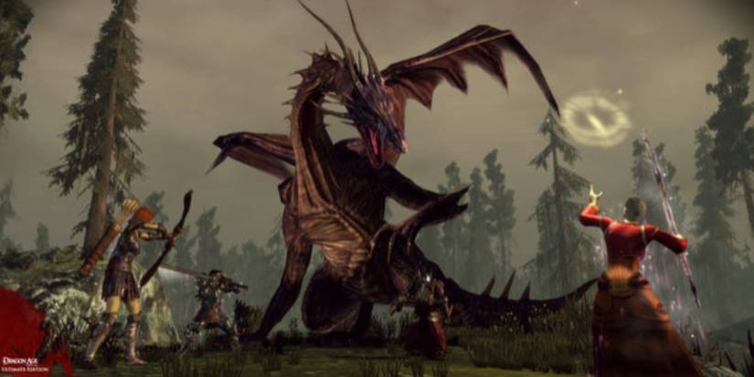 Characters fighting a large dragon from Dragon Age: Origins.