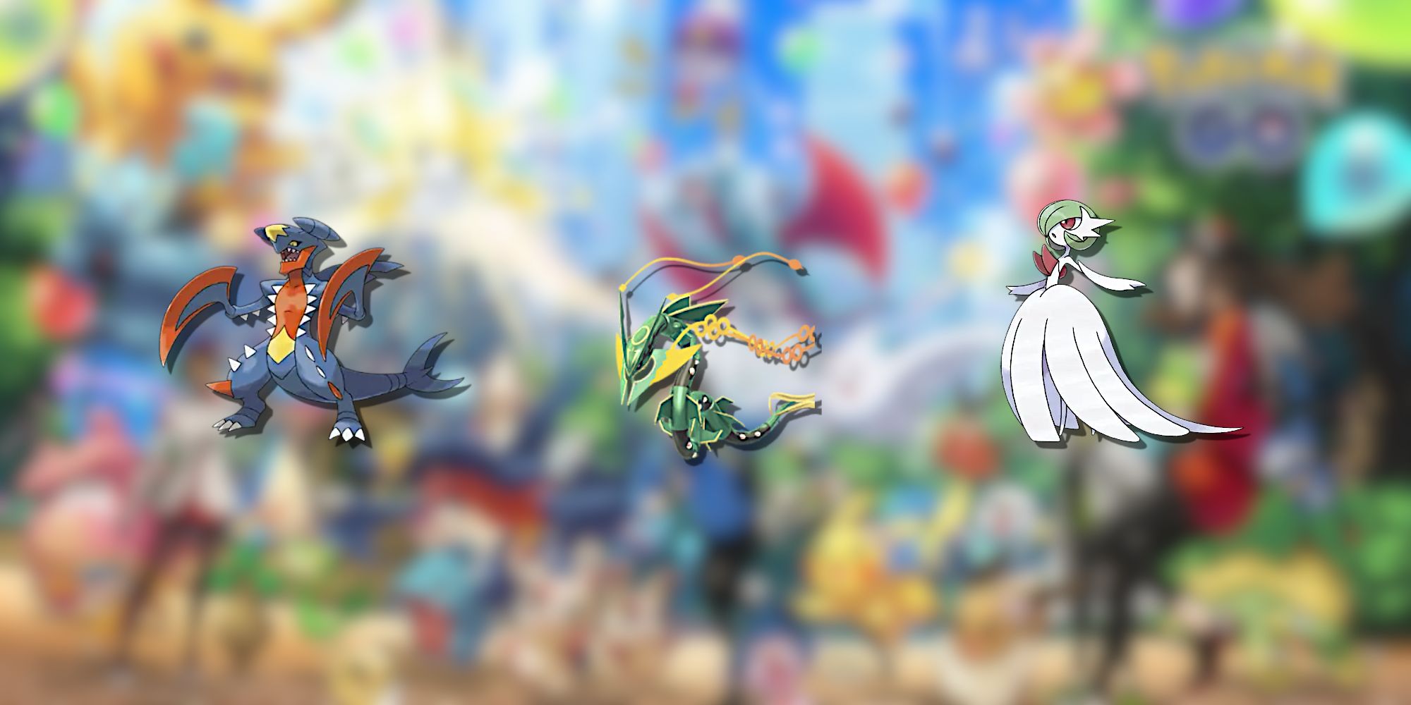 Image of Mega Garchomp, Mega Rayquaza, and Mega Gardevoir from Pokemon GO