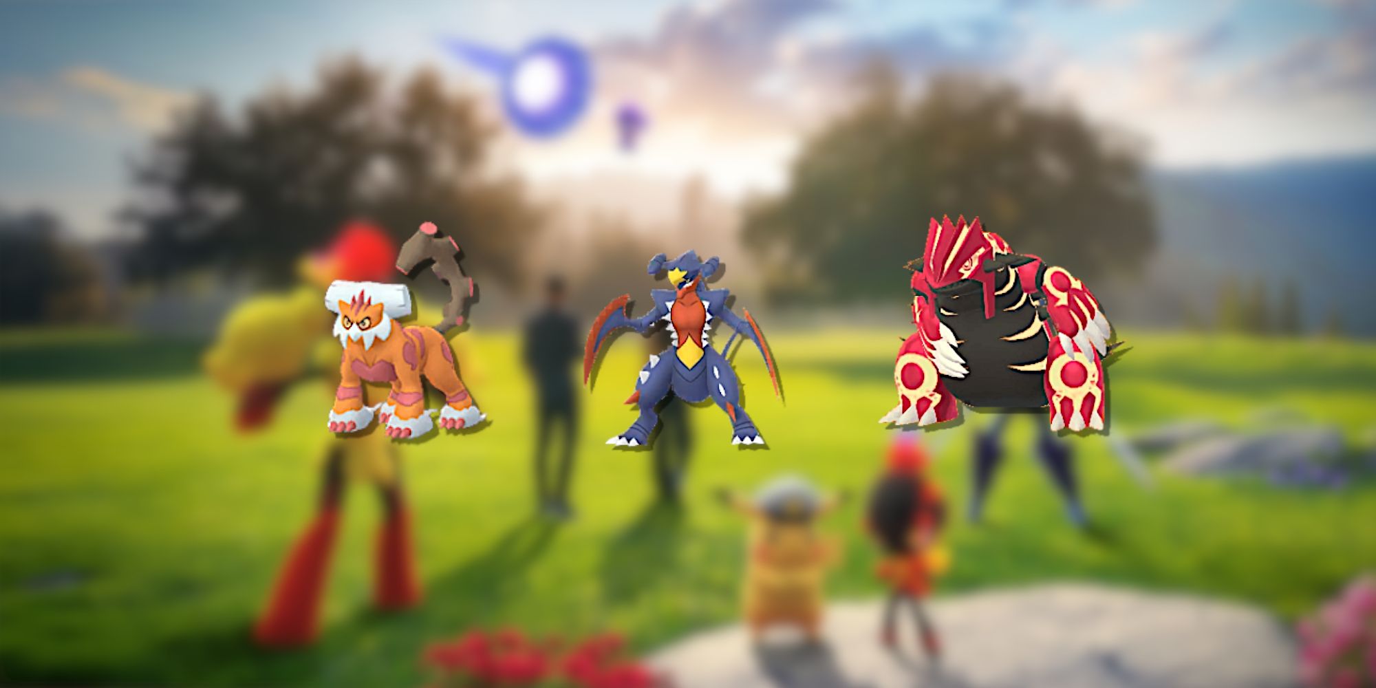 Image of Landorus, Mega Garchomp, and Groudon Primal in the foreground from Pokemon GO