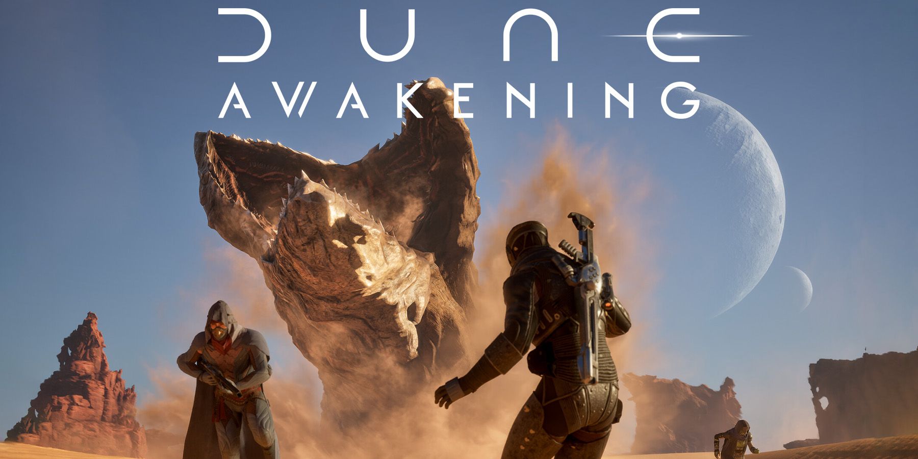 Dune Awakening Sandworm erupting from the ground on Arrakis beneath white game logo