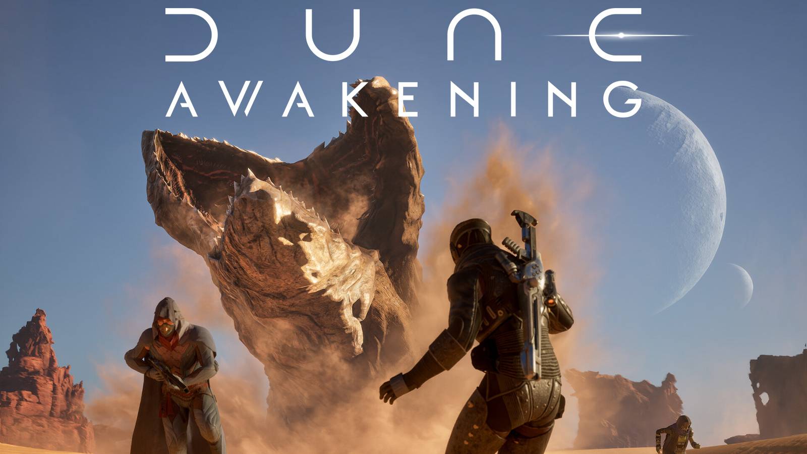 Dune Awakening Sandworm erupting from the ground on Arrakis beneath white game logo