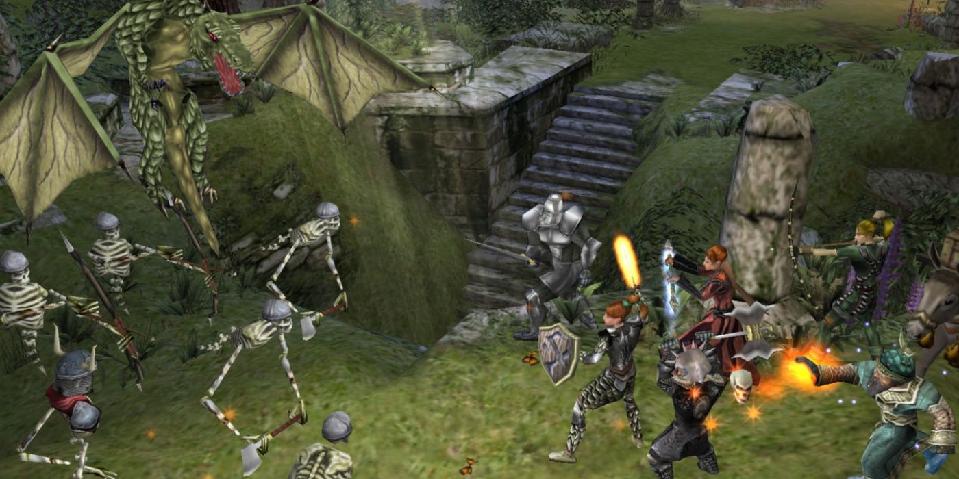 Dungeon Siege characters fighting skeletons