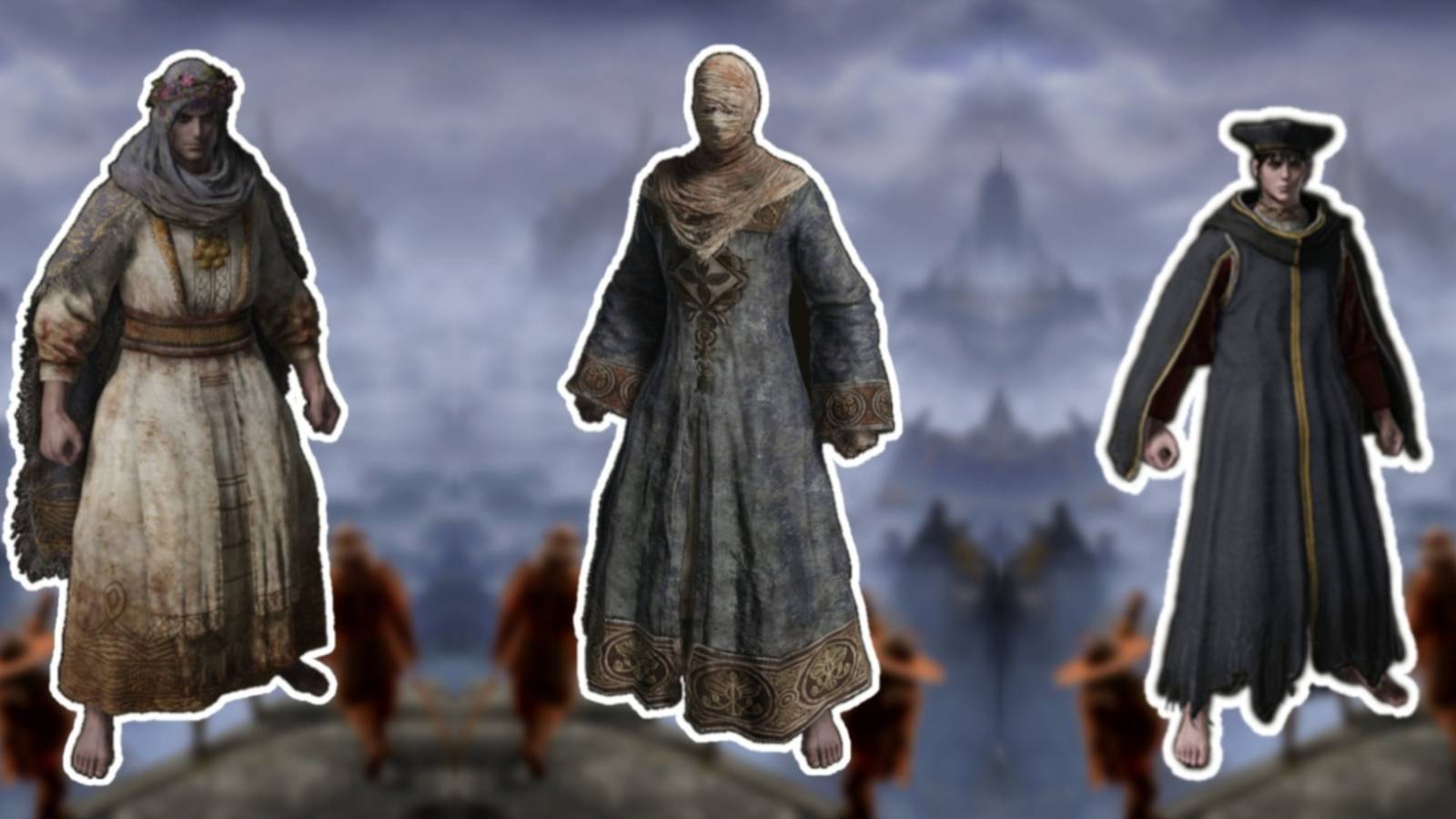 Elden Ring three amor sets in foreground with a Liurnia background