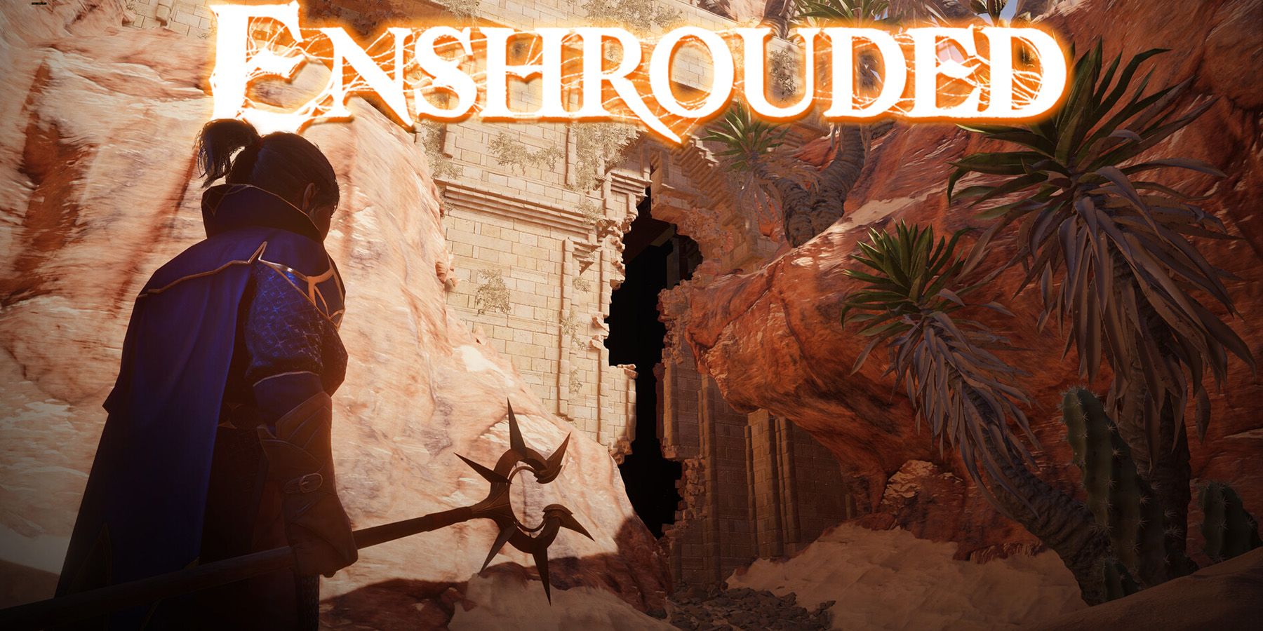 Enshrouded desert cave entrance screenshot with game logo edit
