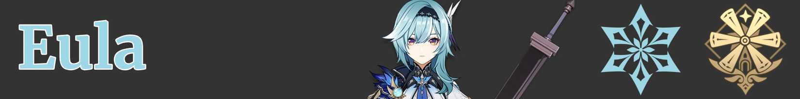 a narrow image strip with icons representing eula's weapon, element, and region - claymore cryo mondstadt - genshin impact