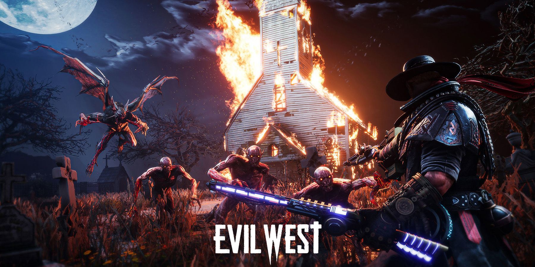 Evil West burning church nighttime demon fight gameplay screenshot with white game logo