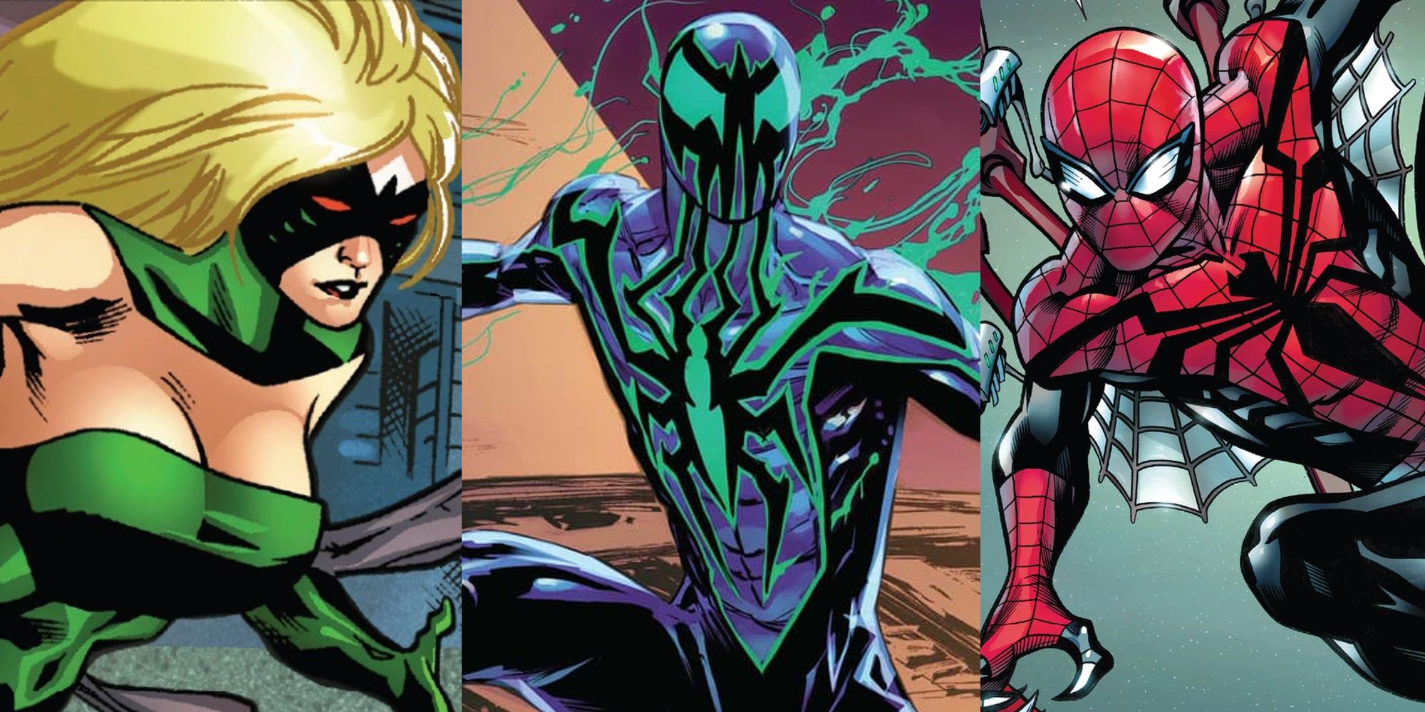 Charlotte Witter in costume; Chasm in battle stance; Superior Spider-Man hanging on a wall