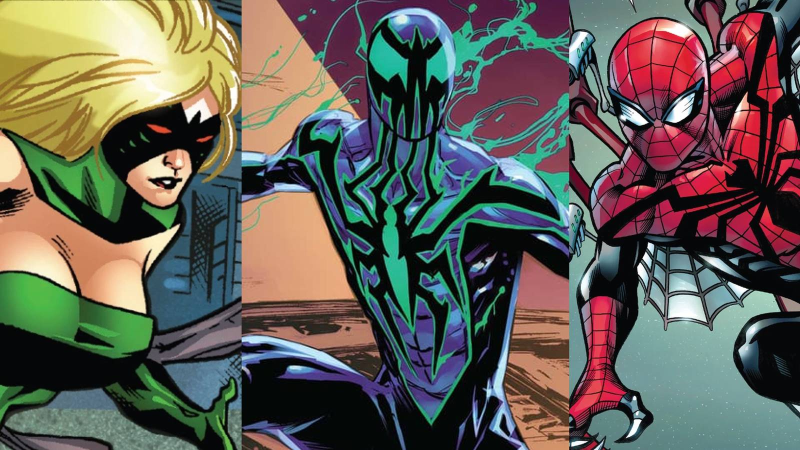 Charlotte Witter in costume; Chasm in battle stance; Superior Spider-Man hanging on a wall