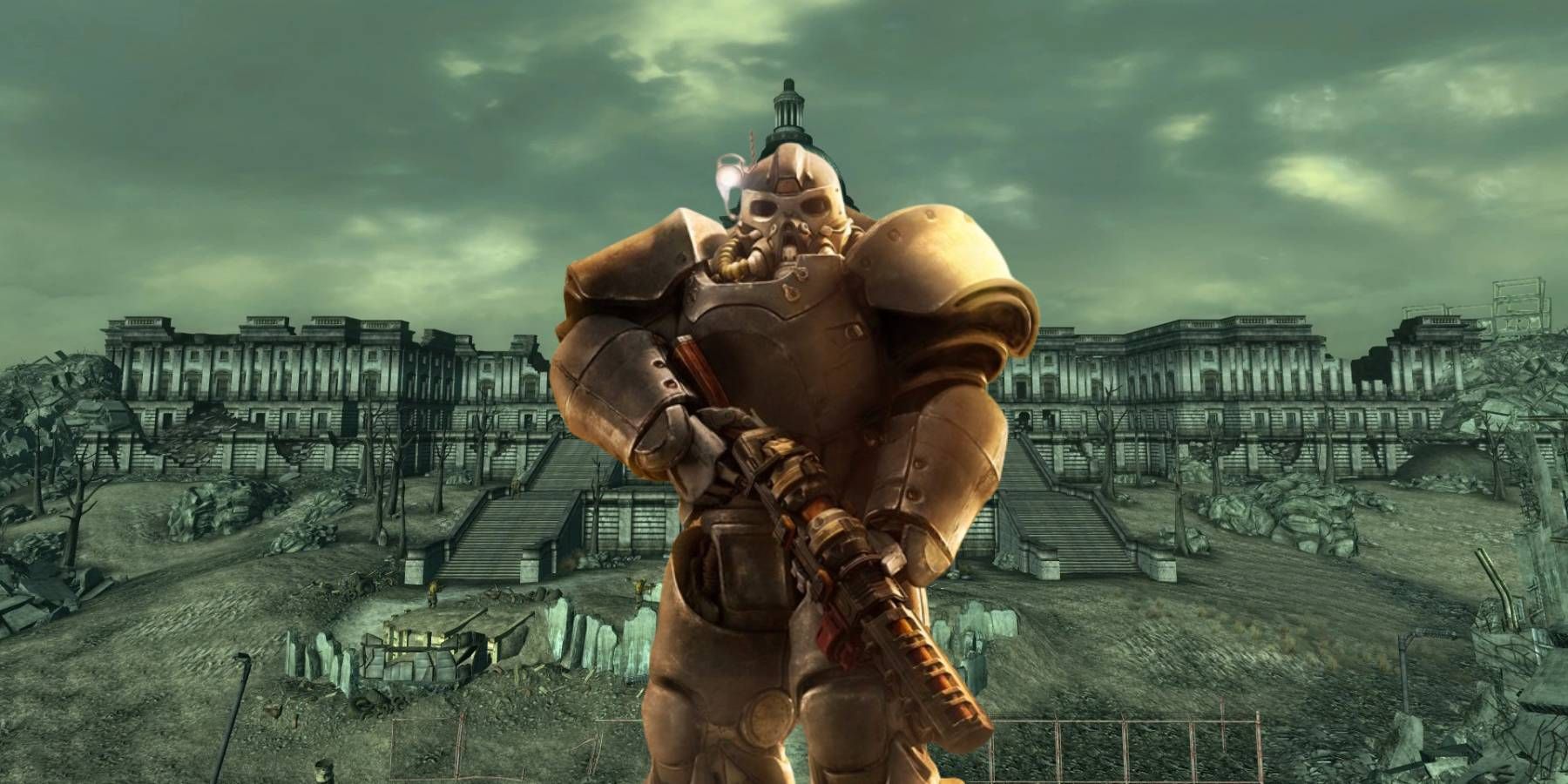 A wastelander in power armor from Fallout 76 in front of the Capitol Building as seen in Fallout 3