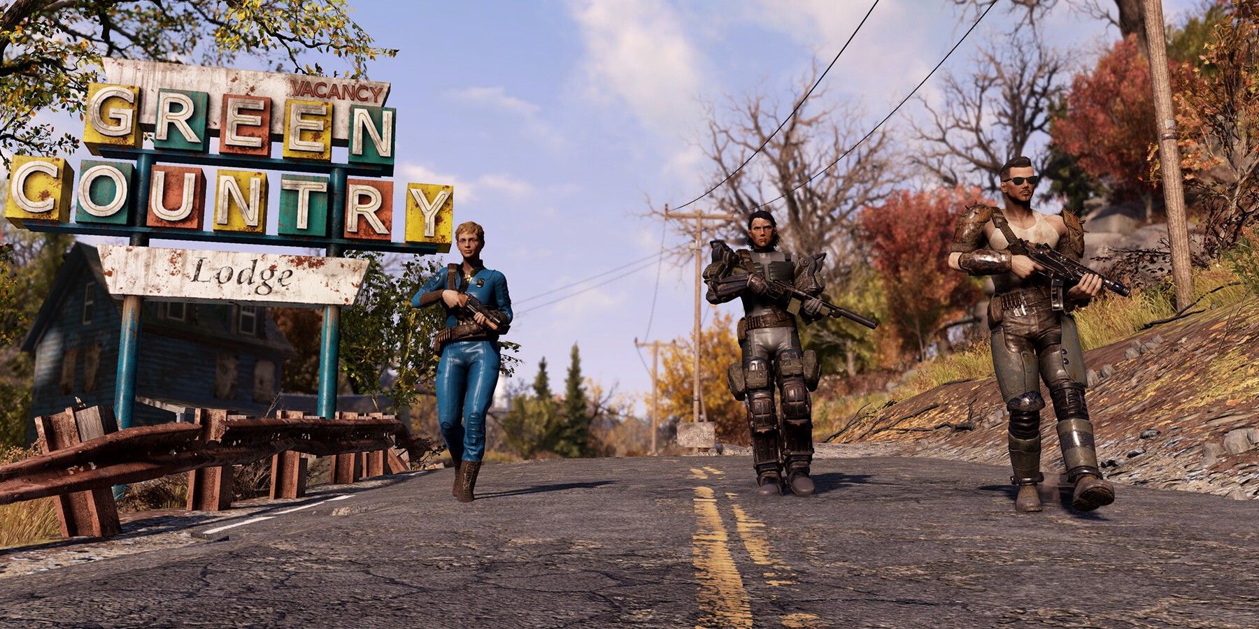 Fallout 76 Three Players Walking On Street