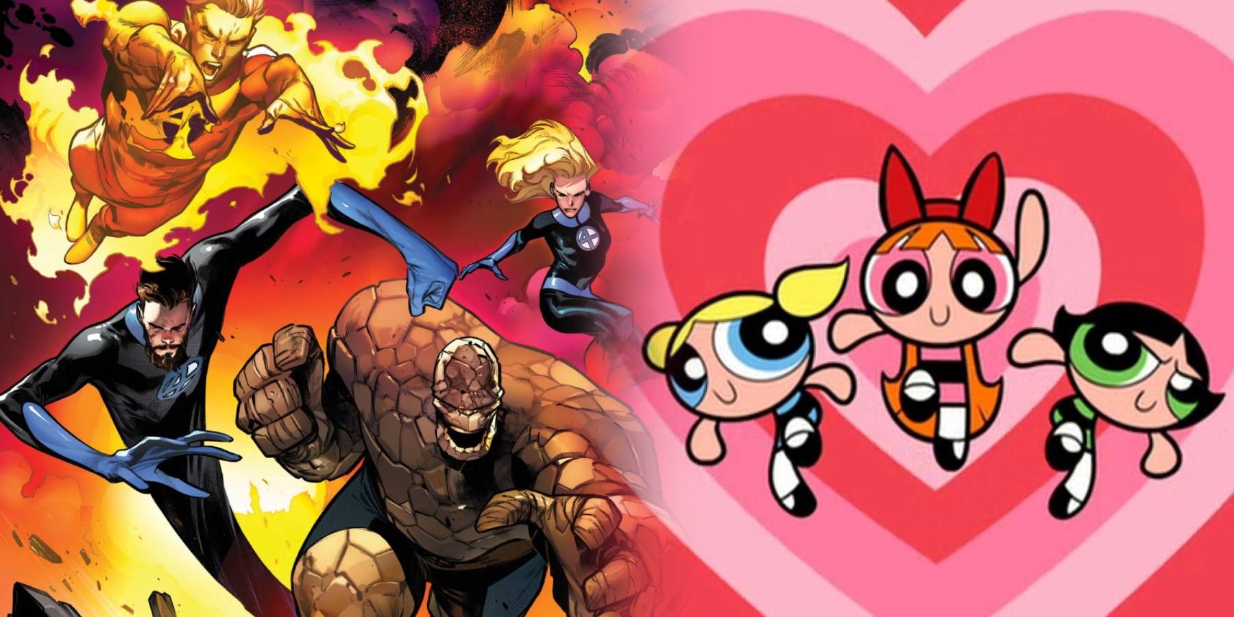 Comic artwork of Marvel's Fantastic Four with an image of the Powerpuff Girls