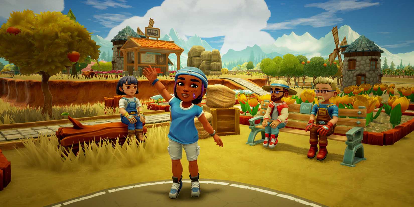 Farm Together 2 characters sitting and waving