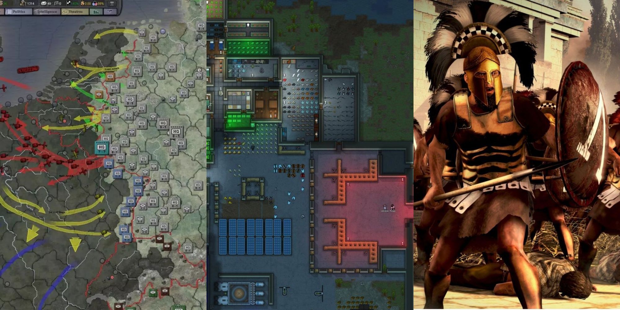 A trisplit of the map from Hearts Of Iron 3, the base in RimWorld and some soldiers from Total War: Rome 2