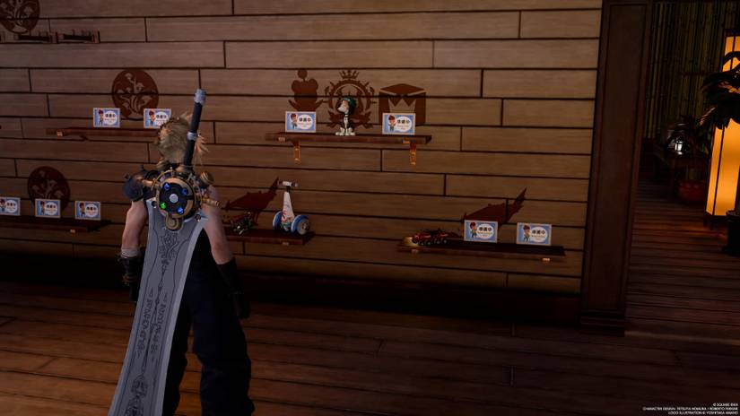 Cloud wistfully staring at Johnny's collectibles in Final Fantasy 7 Rebirth.