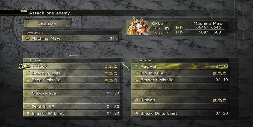FFX 2 Abilities Menu
