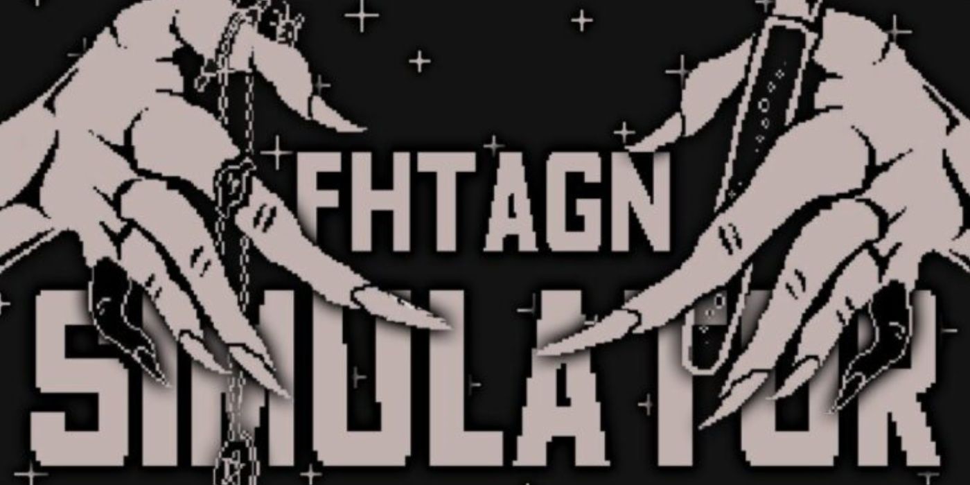 Fhtagn Simulator title card, ghastly hands embracing the title