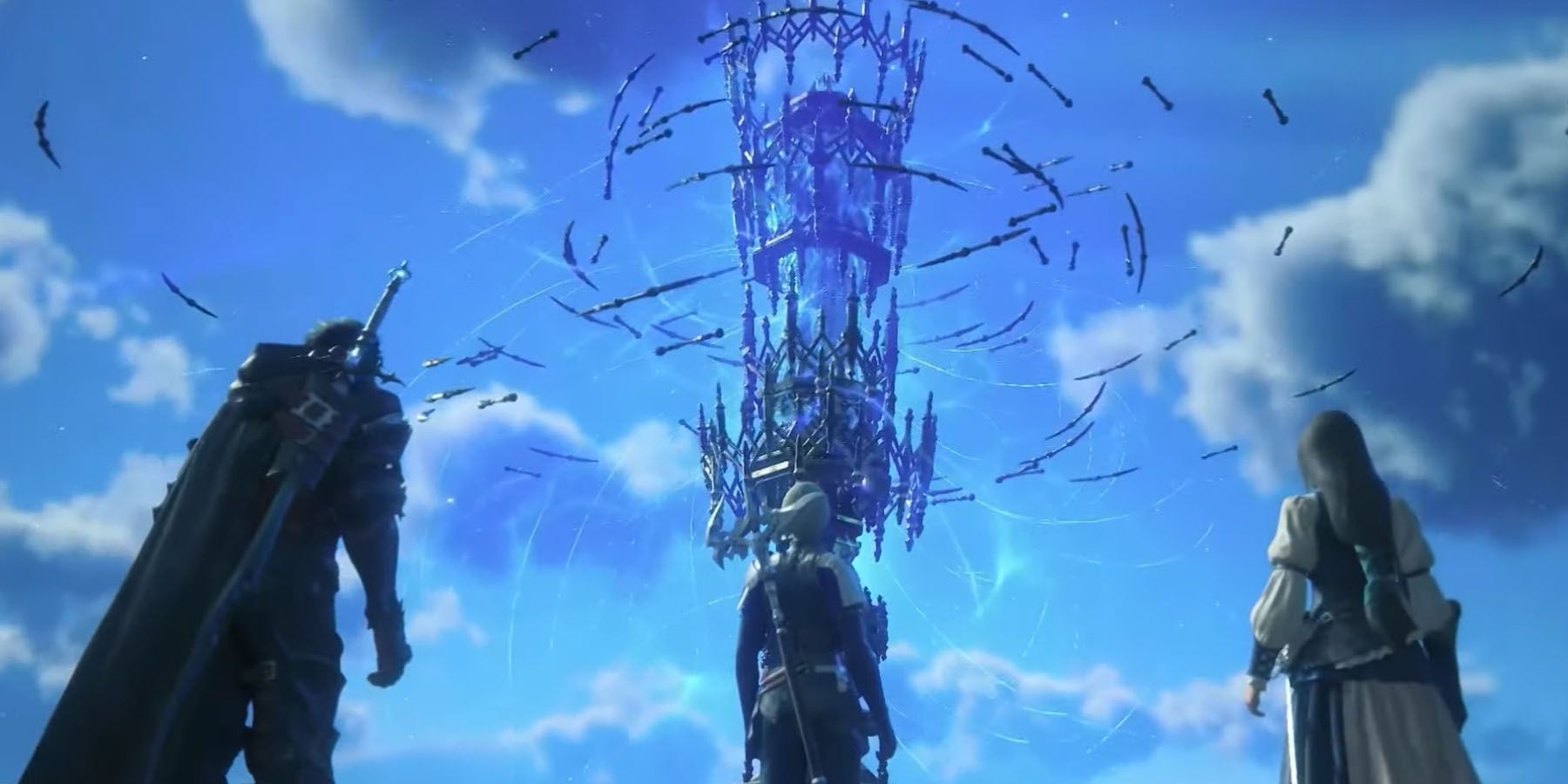 A screenshot of Clive, Jil, and Shula facing a tower in Final Fantasy 16: The Rising Tide.