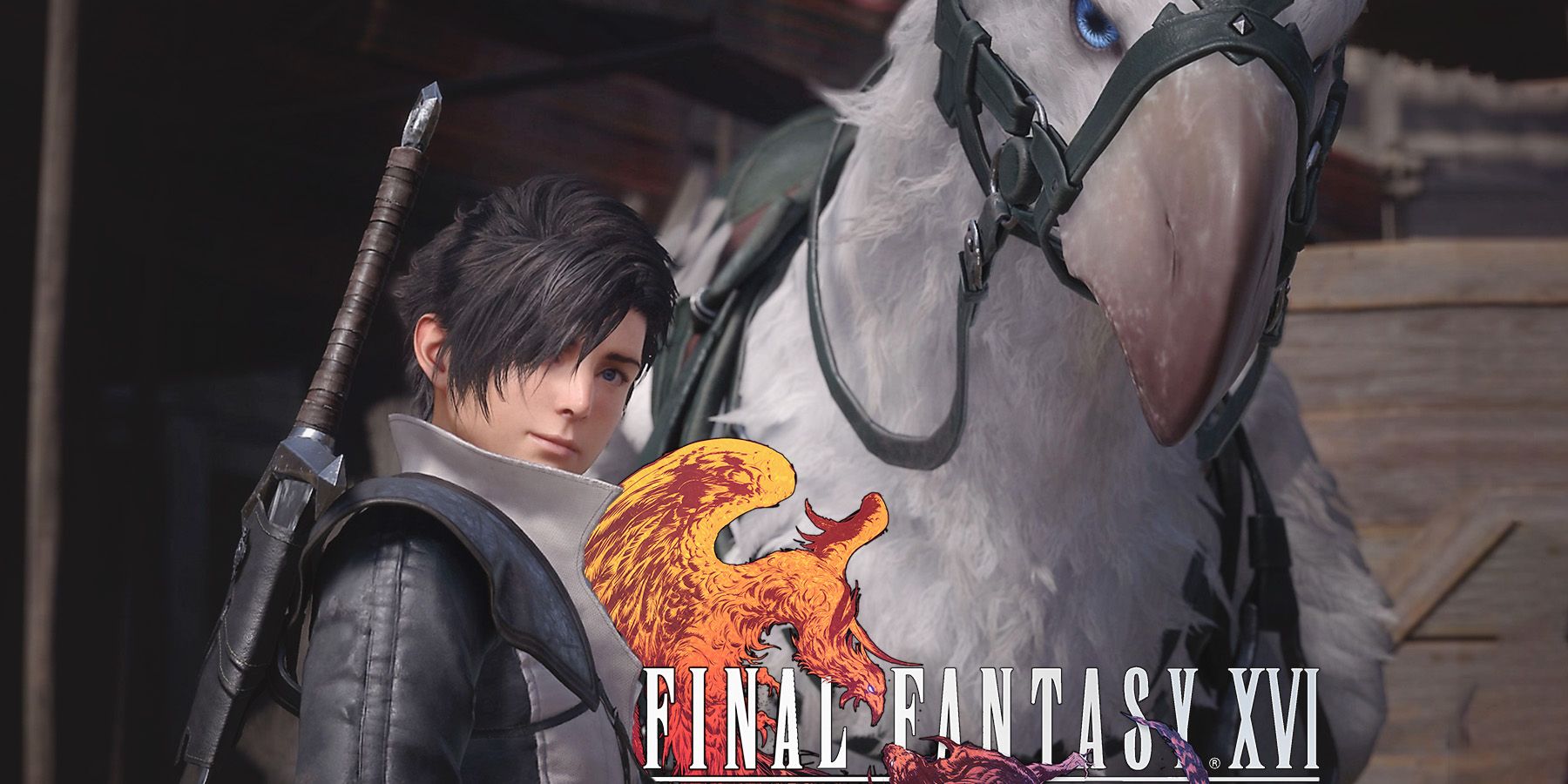 Final Fantasy 16 white Chocobo promo screenshot with game logo