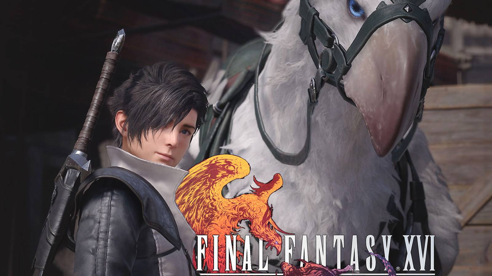 Final Fantasy 16 white Chocobo promo screenshot with game logo