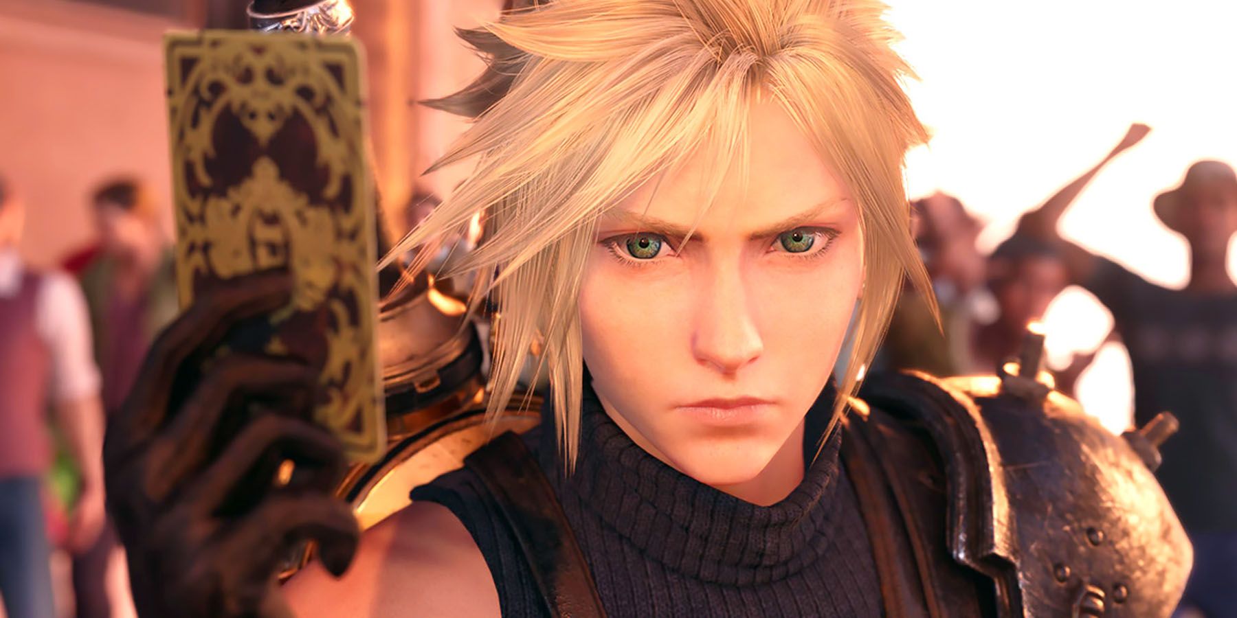 A screenshot of Cloud holding a Queen's Blood card in Final Fantasy 7 Rebirth.