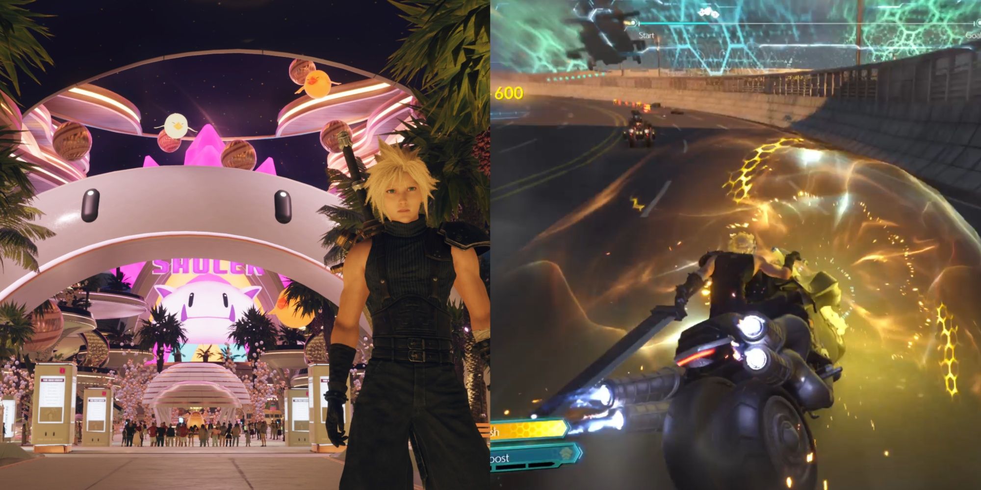 Split image showing Cloud in Gold Saucer and on a G-Bike.