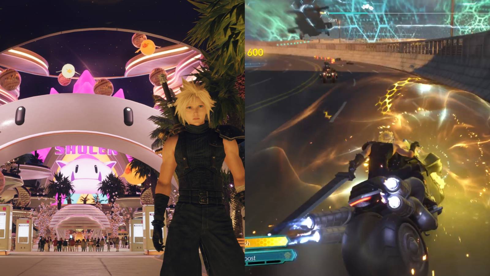 Split image showing Cloud in Gold Saucer and on a G-Bike.