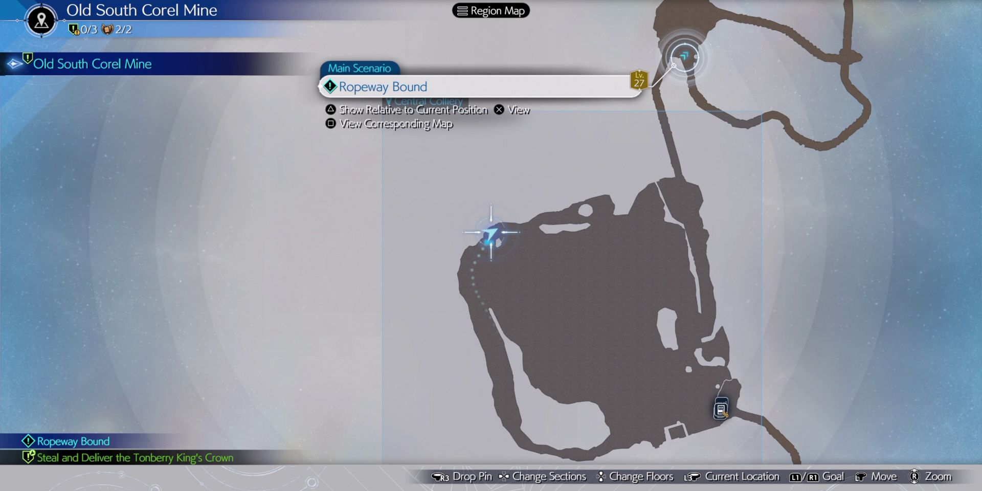 final-fantasy-7-rebirth-of-robed-men-and-ransoms-cableway-map - After a while, players will find themselves in a wide open cavern, at which point, they'll want to follow the outer path up to the northwest corner, where they'll find a switch for the cableway up above them
