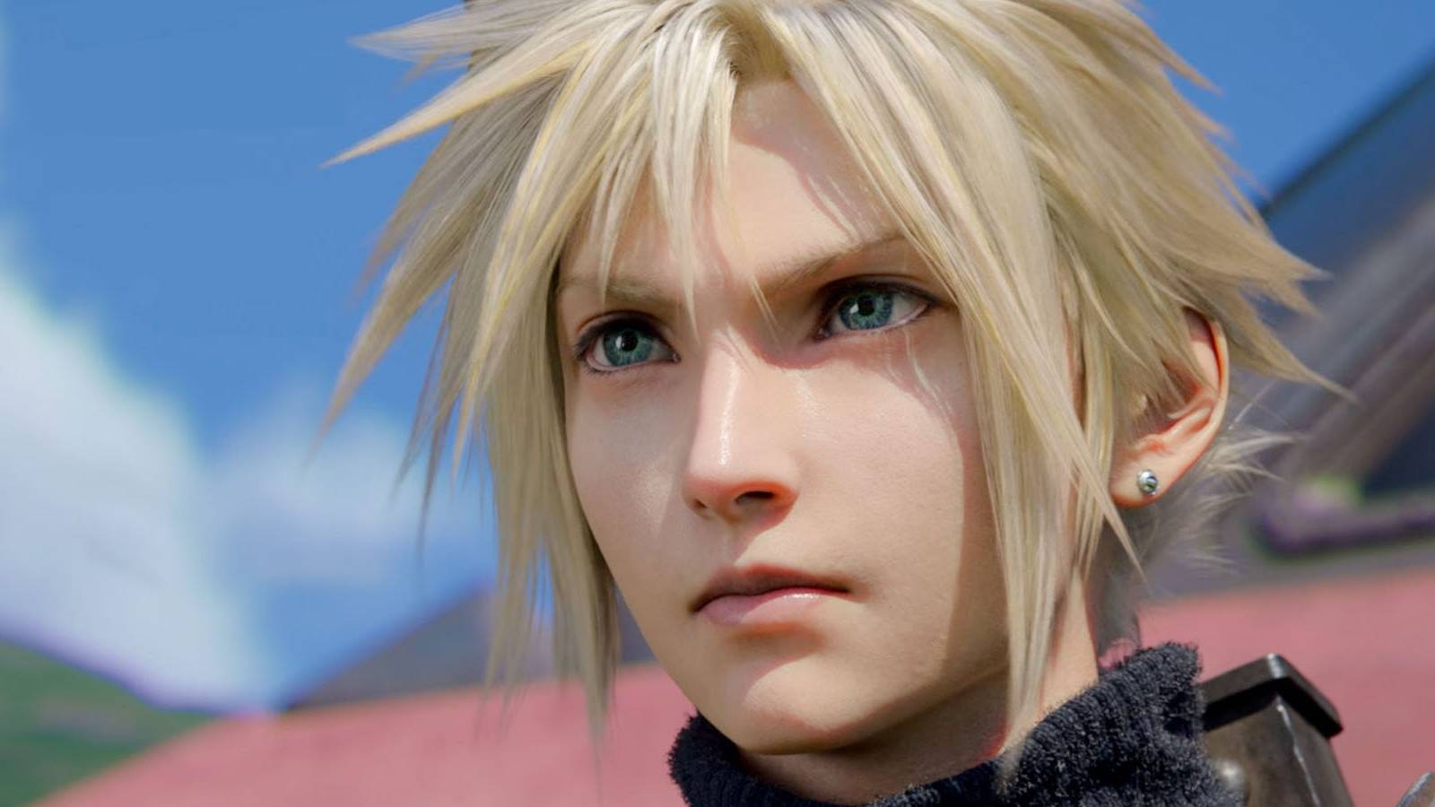 A close-up screenshot of Cloud Strife in Final Fantasy 7 Rebirth.