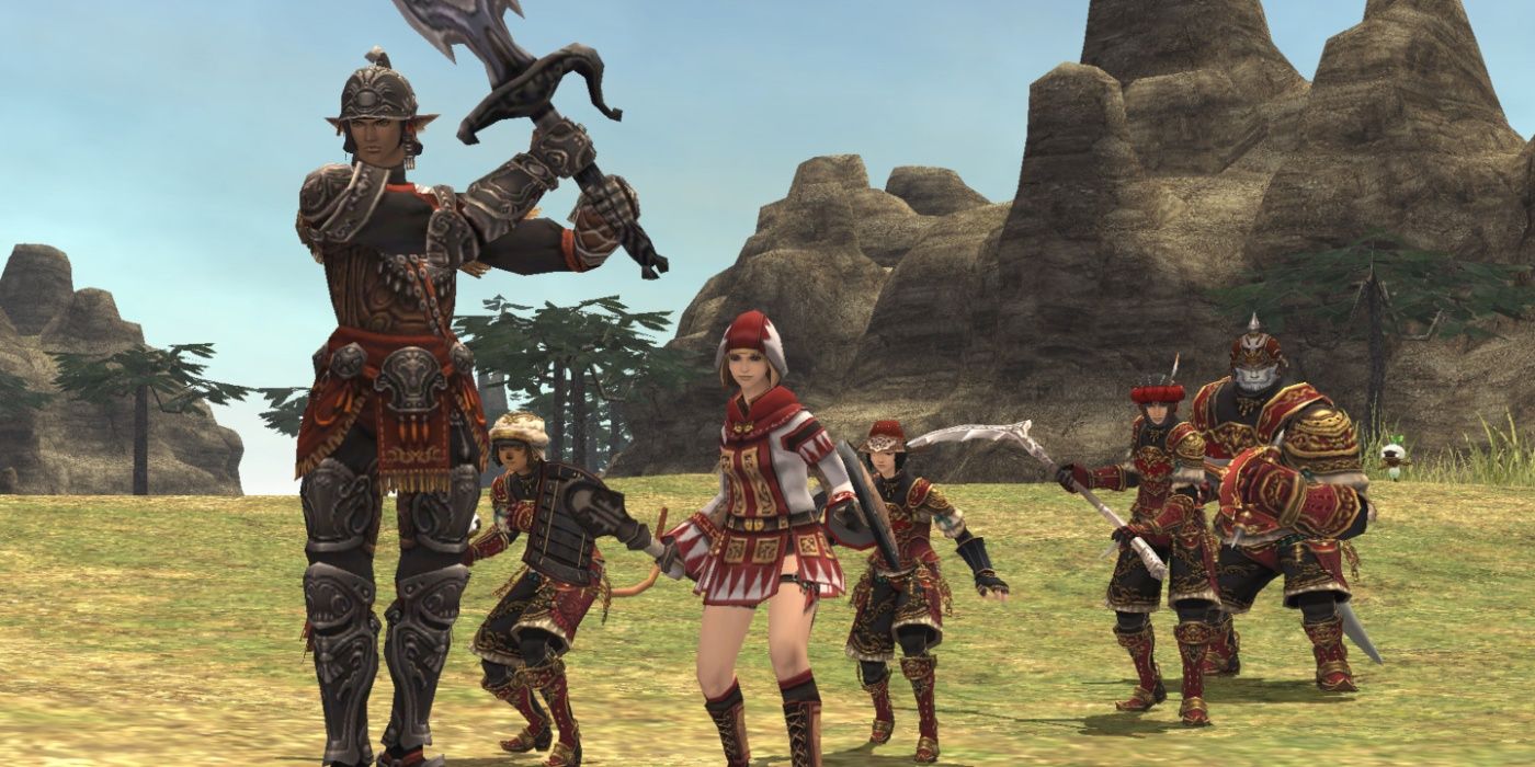 Final Fantasy XI characters posing in a field 