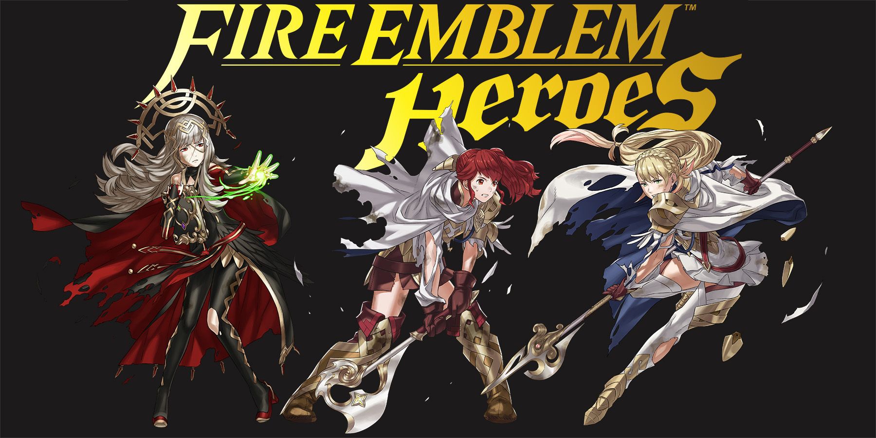 Fire Emblem Heroes yellow logo on dark background with 3 characters in combat poses