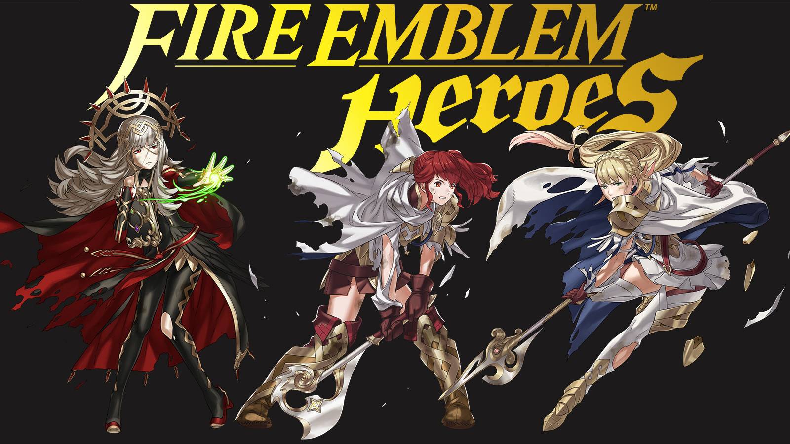 Fire Emblem Heroes yellow logo on dark background with 3 characters in combat poses