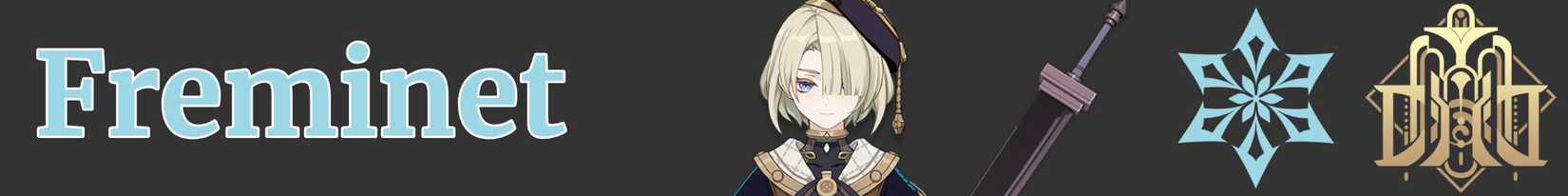 a narrow image strip with icons representing freminet's weapon, element, and region - claymore cryo fontaine - genshin impact