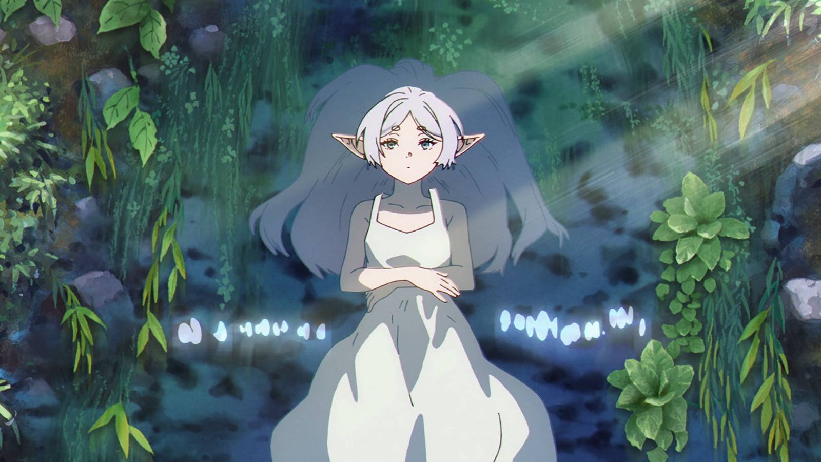 Frieren calmly staring while surrounded by leaves in Frieren