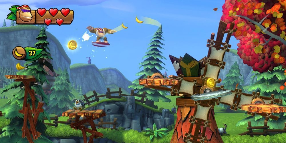 Funky Kong going through the level Windmill Hills.