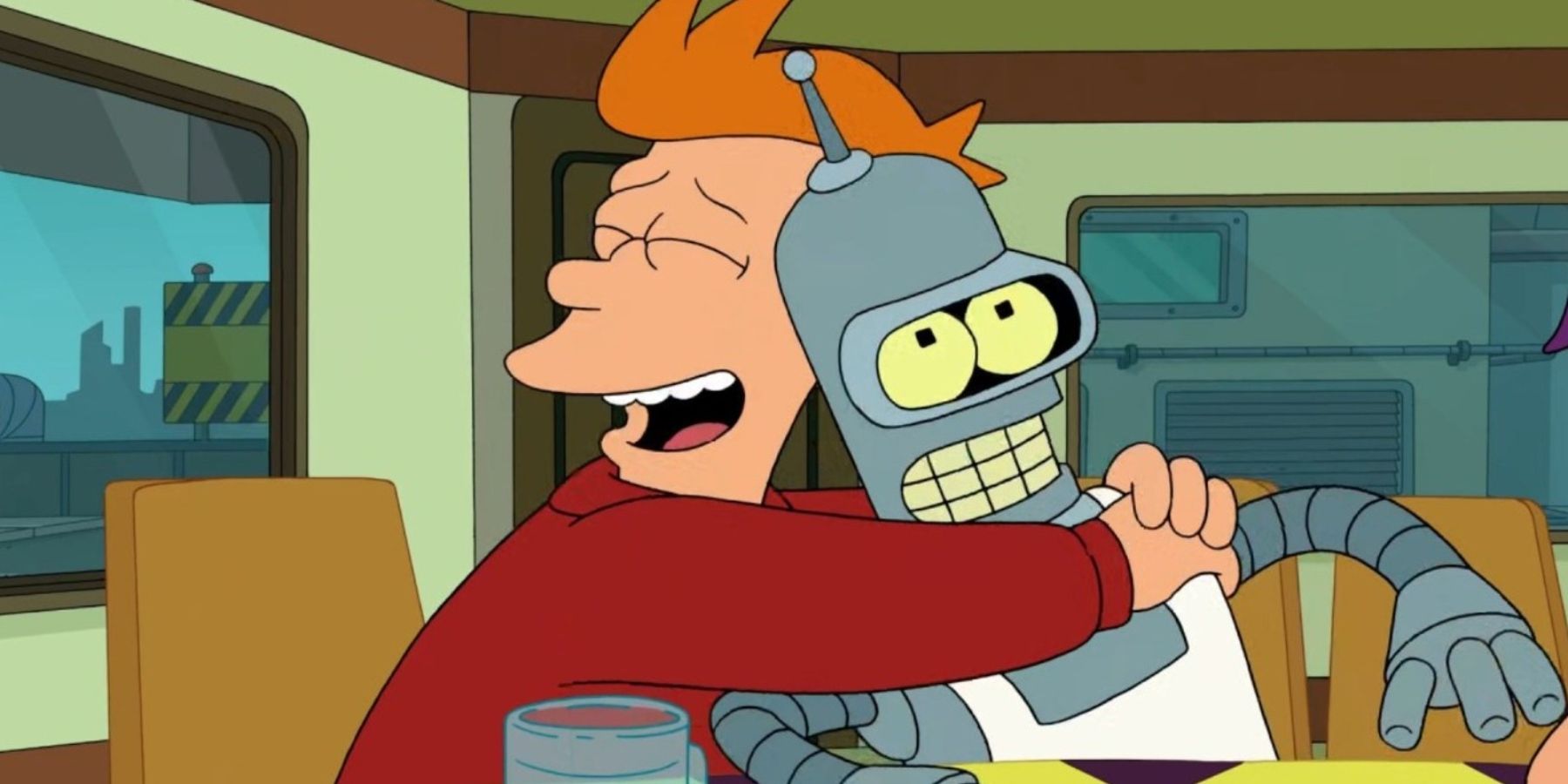 Fry hugging Bender on Futurama
