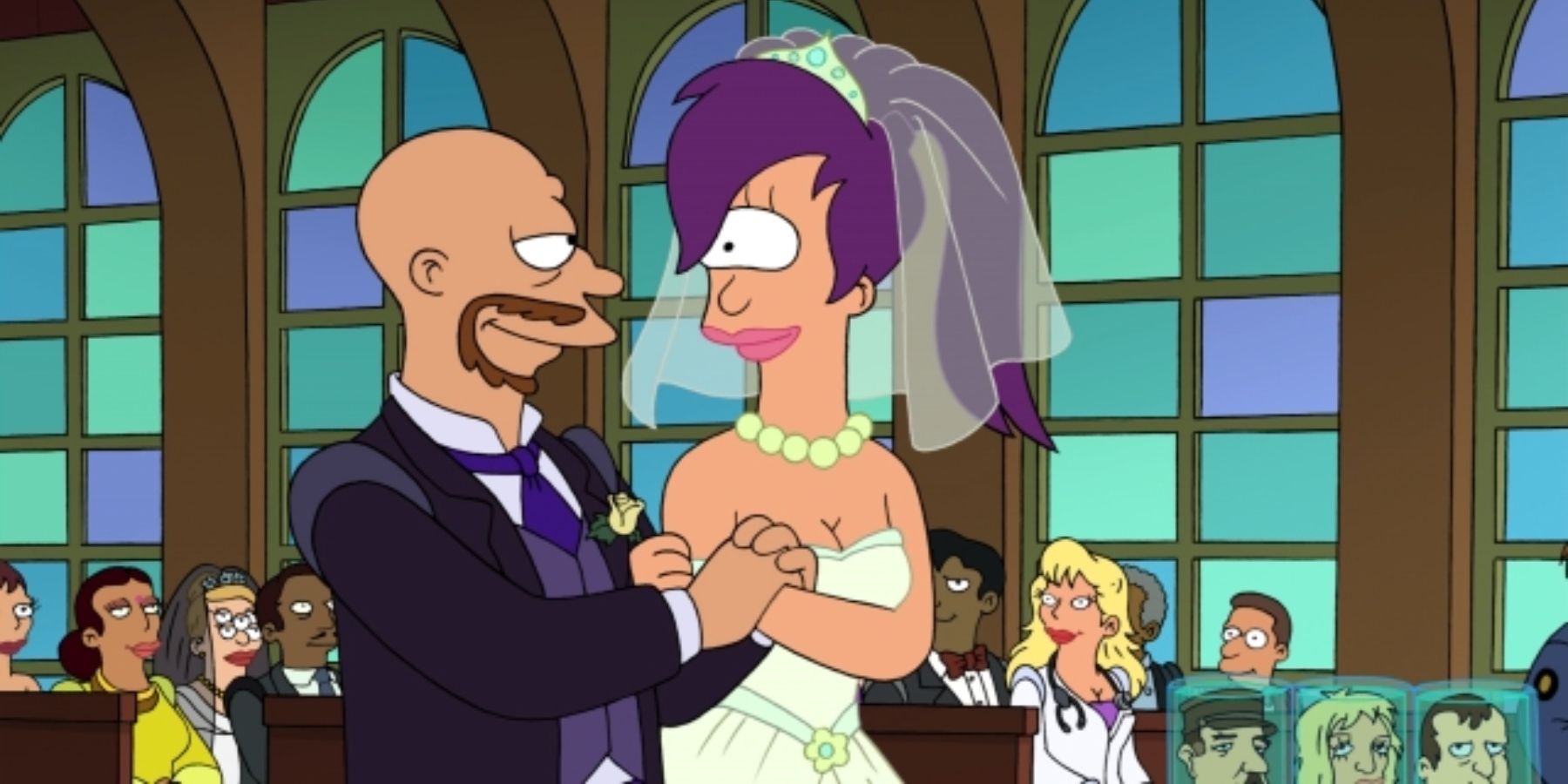 Lars and Leela at their wedding on Futurama