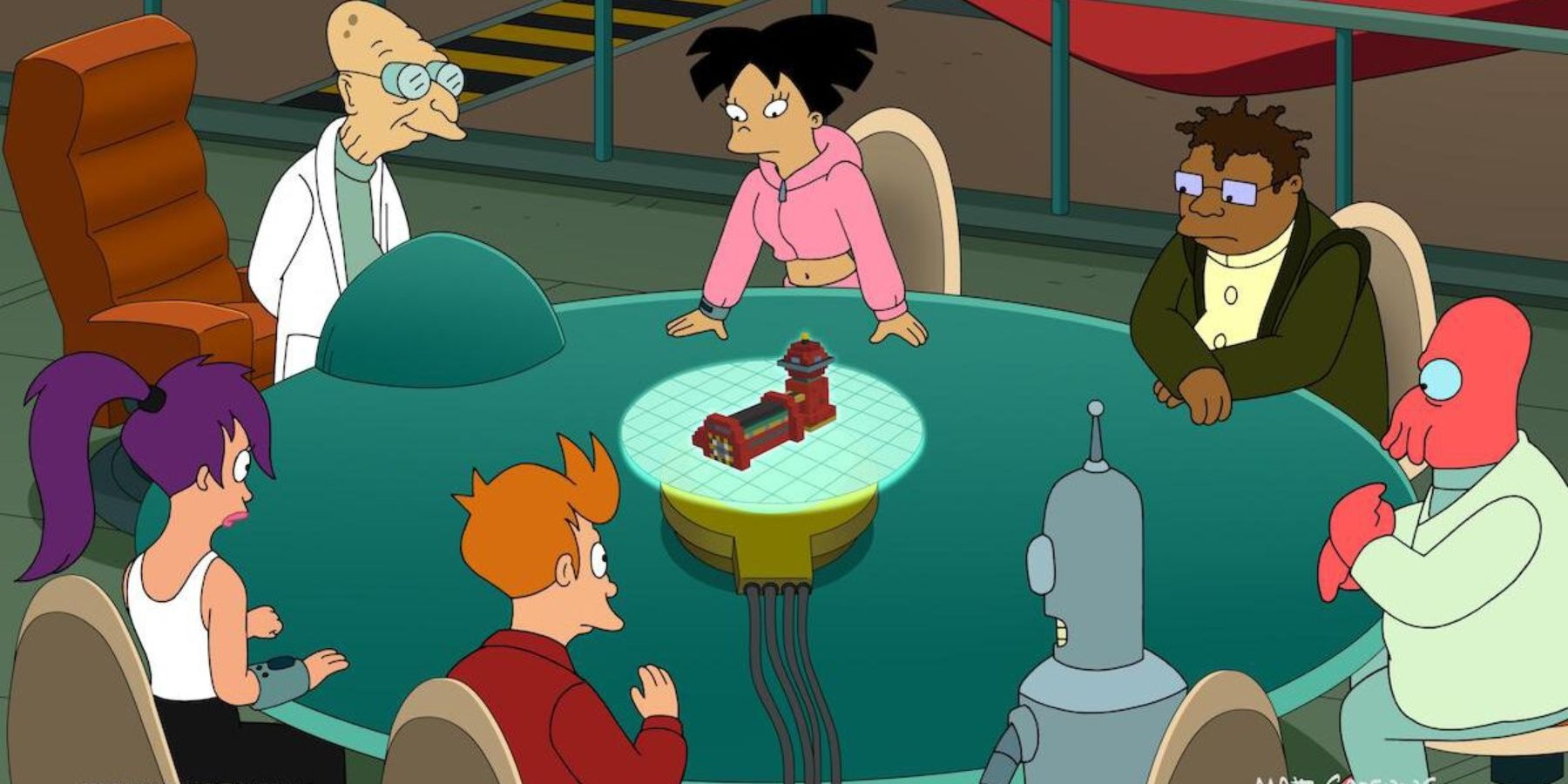Professor Farnsworth, Leela, Fry, Bender, Zoidberg, Hermes, and Amy in Futurama season 11 finale