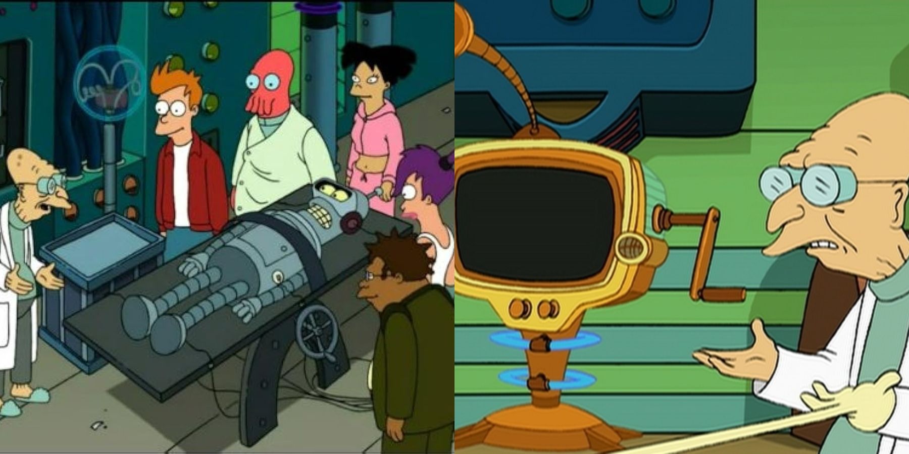 Split image of Professor Farnsworth with the What If Machine on Futurama