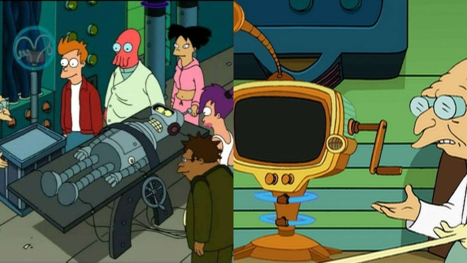 Split image of Professor Farnsworth with the What If Machine on Futurama