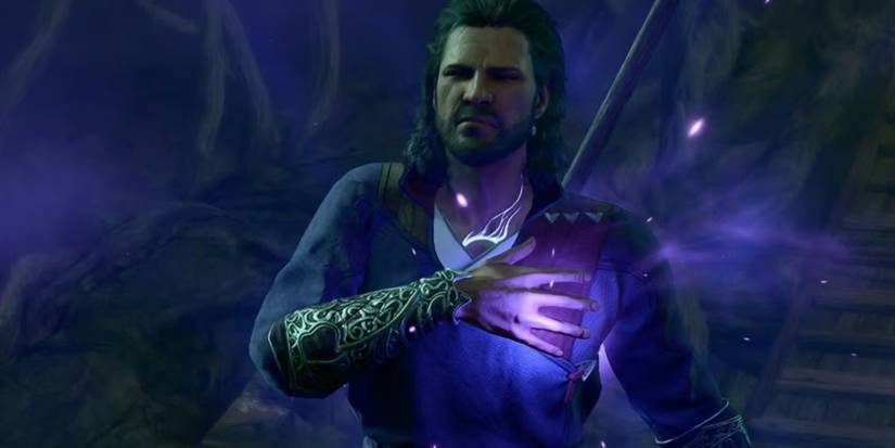 gale in a baldur's gate 3 cutscene pressing his hand to his chest